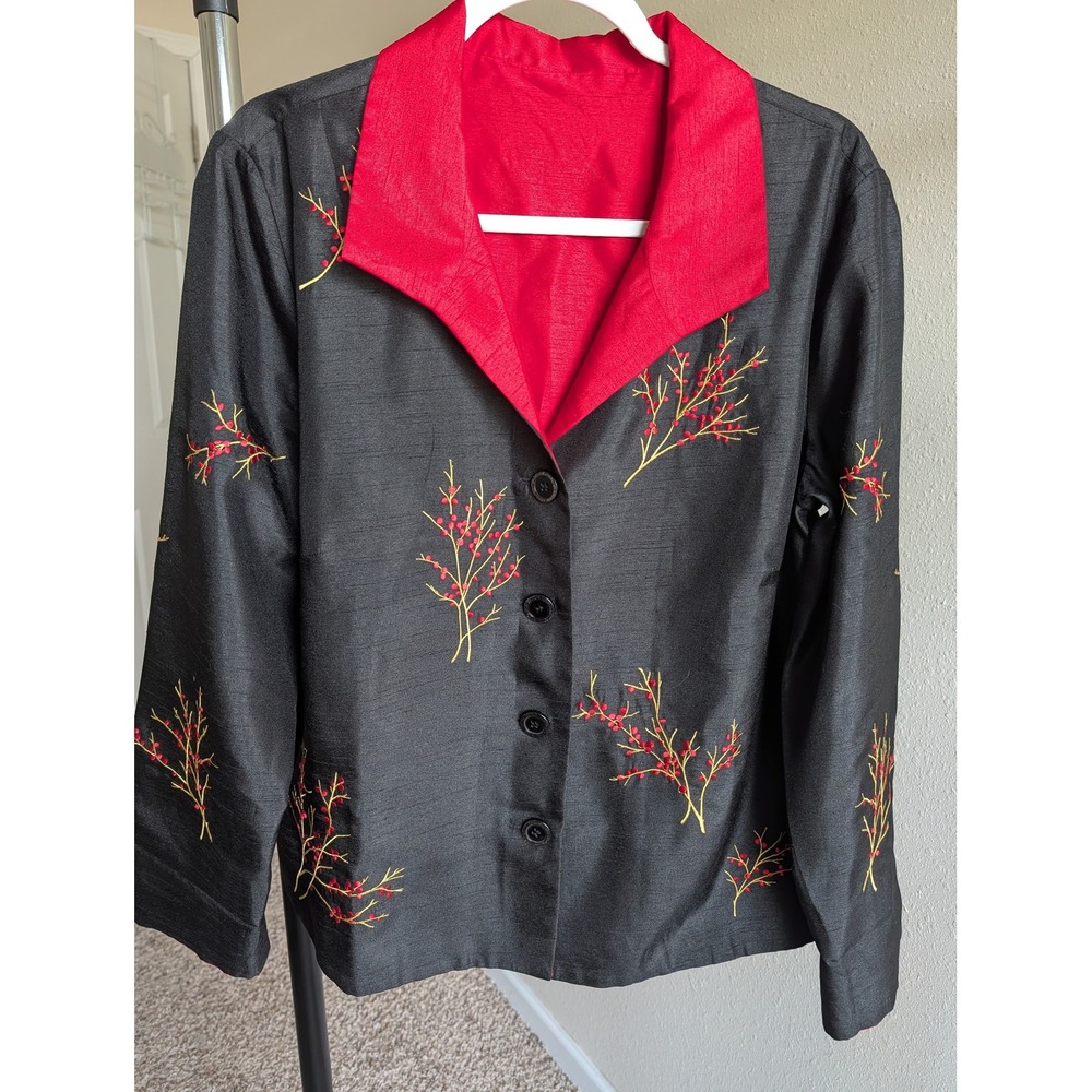 Reversible Embroidered Berry Branch Blazer Jacket Black Red Asian Style Floral